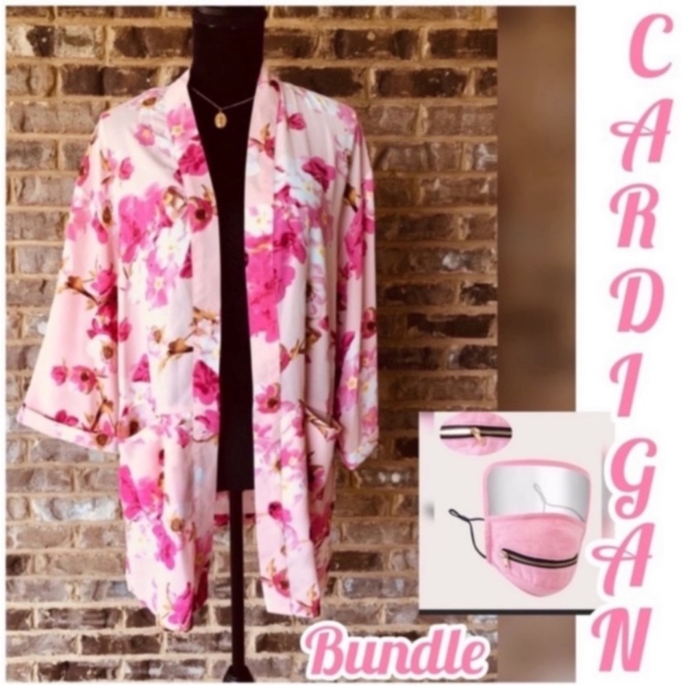 PINK FLORAL PRINT CARDIGAN & FACE MASK BUNDLE DEAL INCLUDES 2 ITEMS - Picture 1 of 3